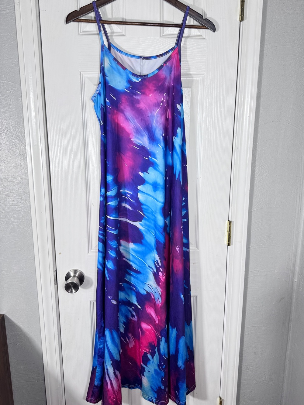 Blue Purple Pink Tie Dye Abstract Stretch Maxi Dress Spaghetti Strap Size M
